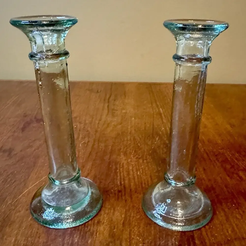 Pair Antique Hand Blown Glass Taper Candlesticks Aqua Green Pontil 8”